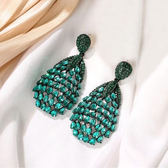Carbon Black with Emerald Austrian Crystal Teardrop Chandelier Post Earrings - Picture 2 of 5